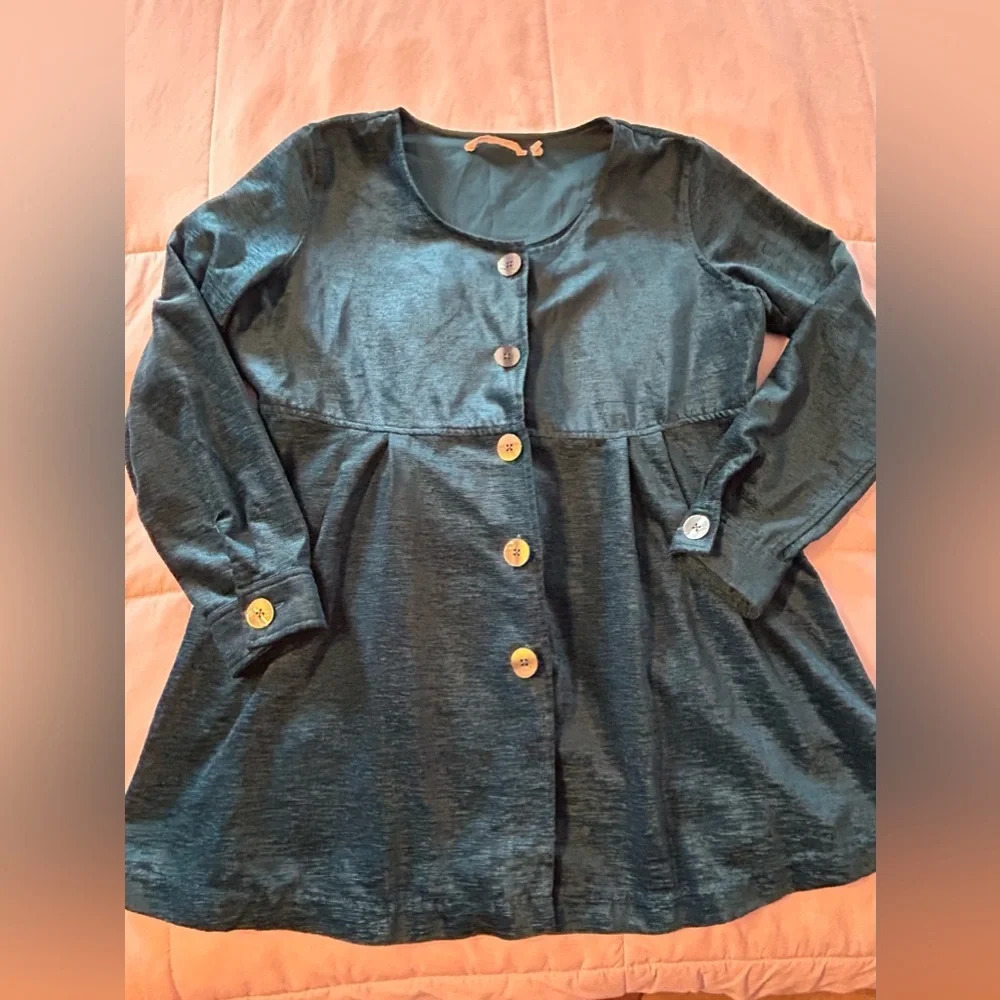 Soft Surroundings L Fiona Shirt Velour Tunic Button Front Long Sleeves Teal